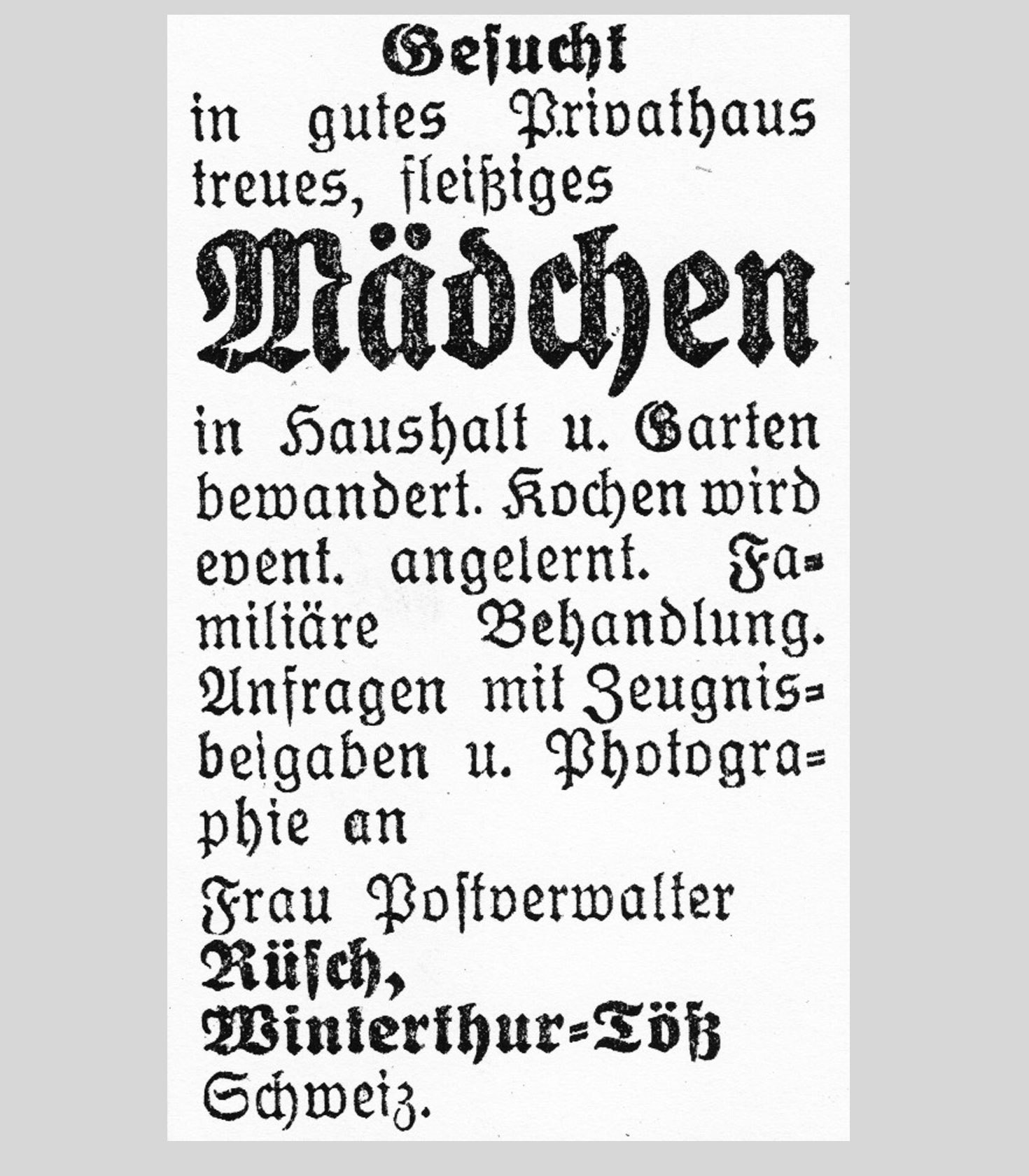 Stellenanzeige aus der Schweiz, Donaueschinger Tagblatt, 1930, Privatarchiv Andrea Althaus.